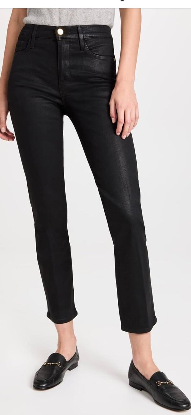 NEW FRAME Le Sylvie Slender Straight Noir Coated Ankle Mid Rise Jeans Size 24